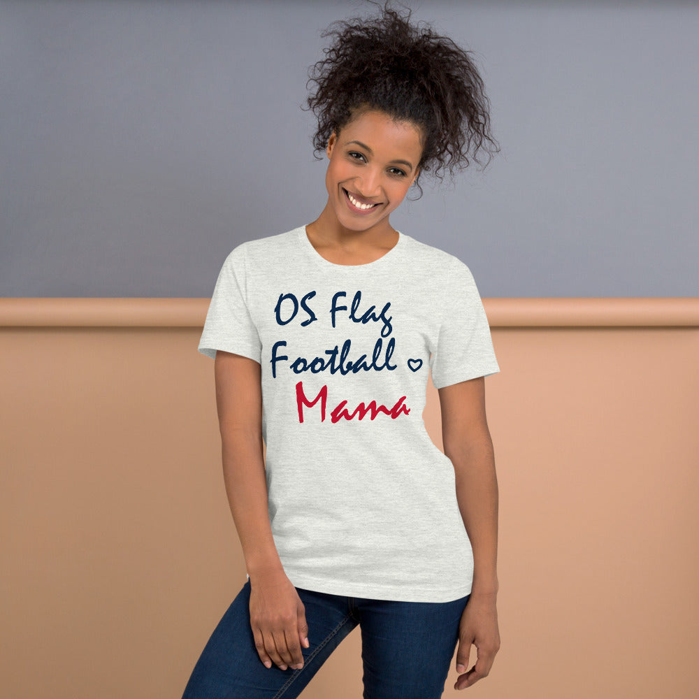 OS Flag Football Mama Script Tee — corrected Printful supplier womens_model_front_2 view
