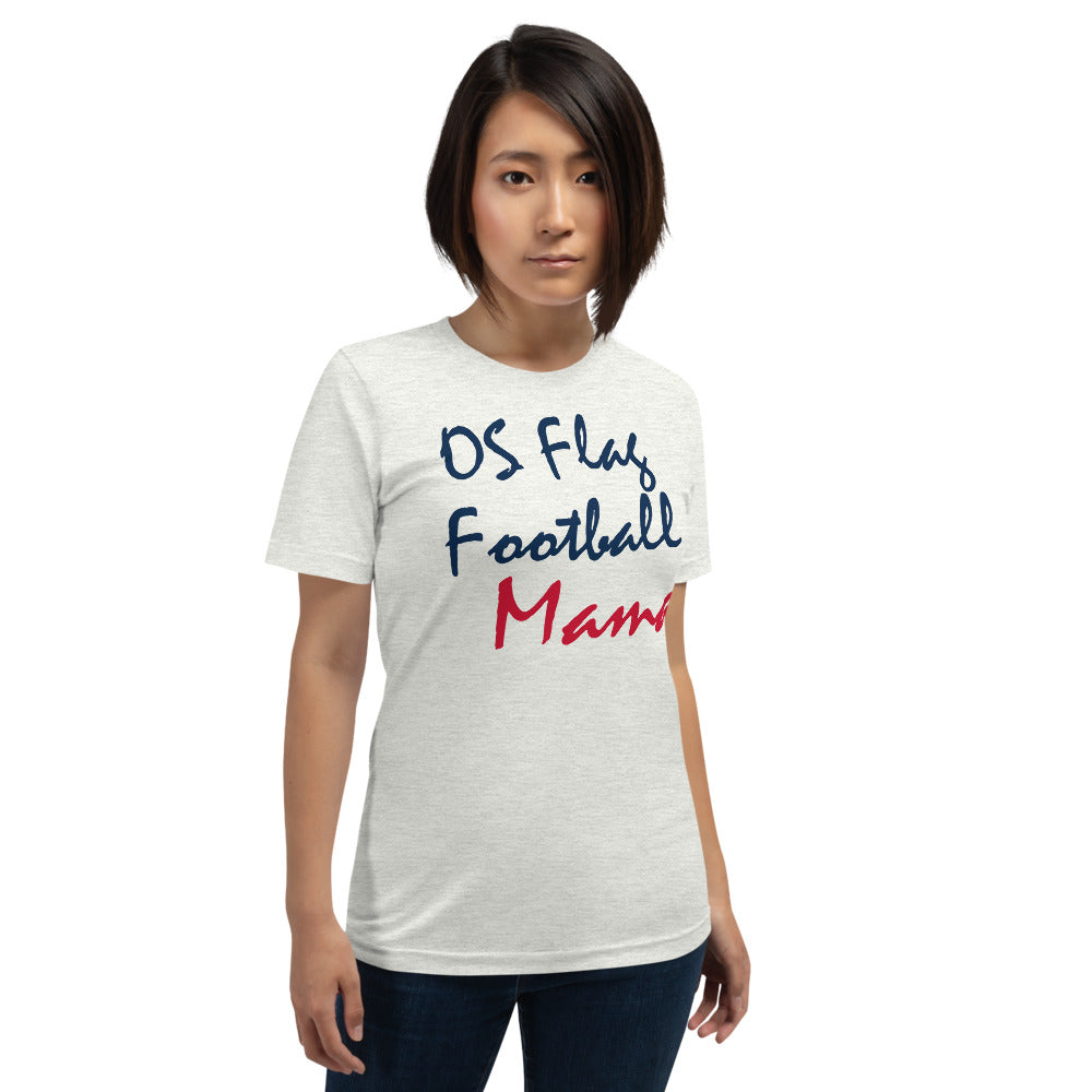 OS Flag Football Mama Script Tee — corrected Printful supplier womens_model_front_3 view