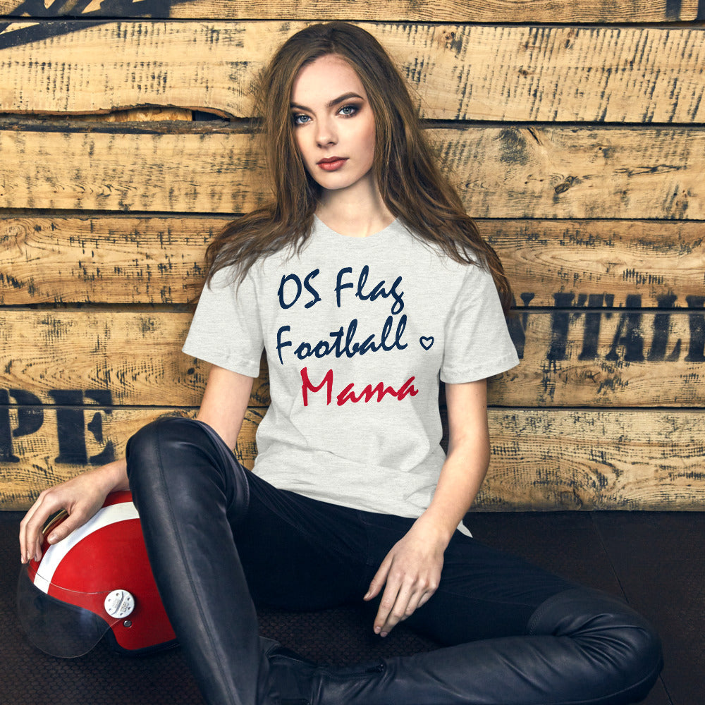 OS Flag Football Mama Script Tee — corrected Printful supplier womens_model_front_4 view