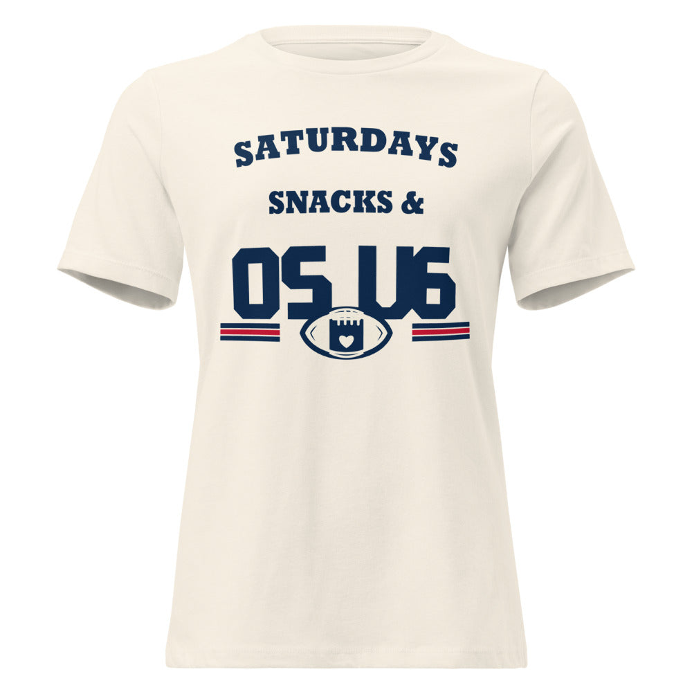 Saturdays Snacks & OS U6 Tee — Printful garment view — corrected artwork