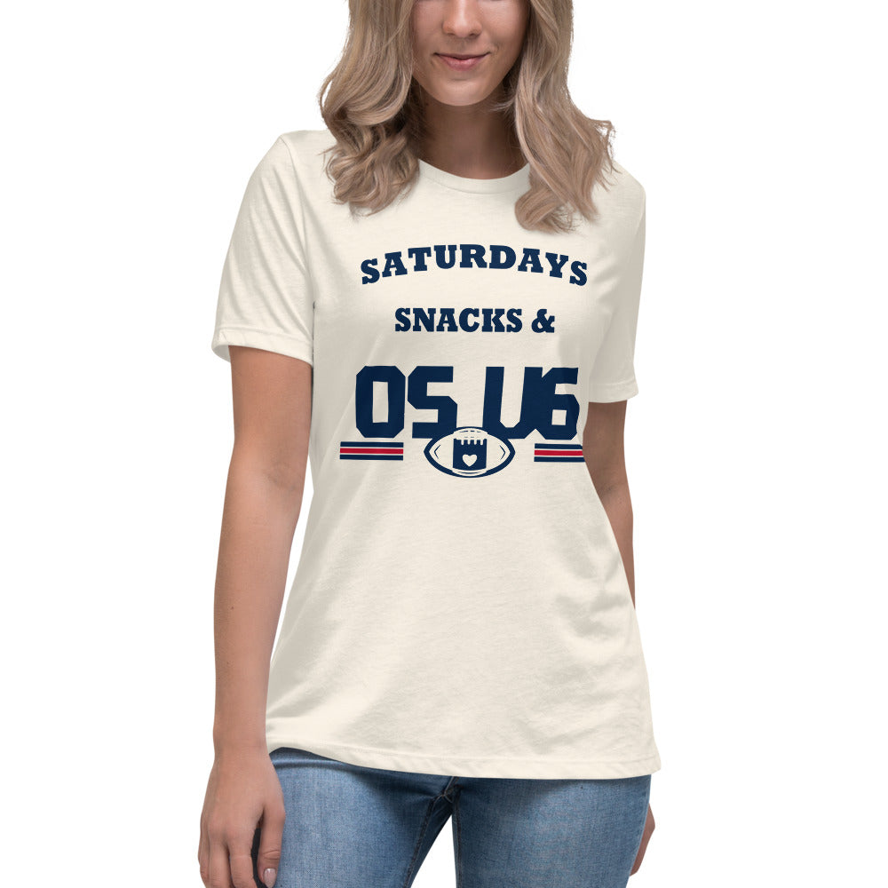 Saturdays Snacks & OS U6 Tee — Printful model view — corrected artwork
