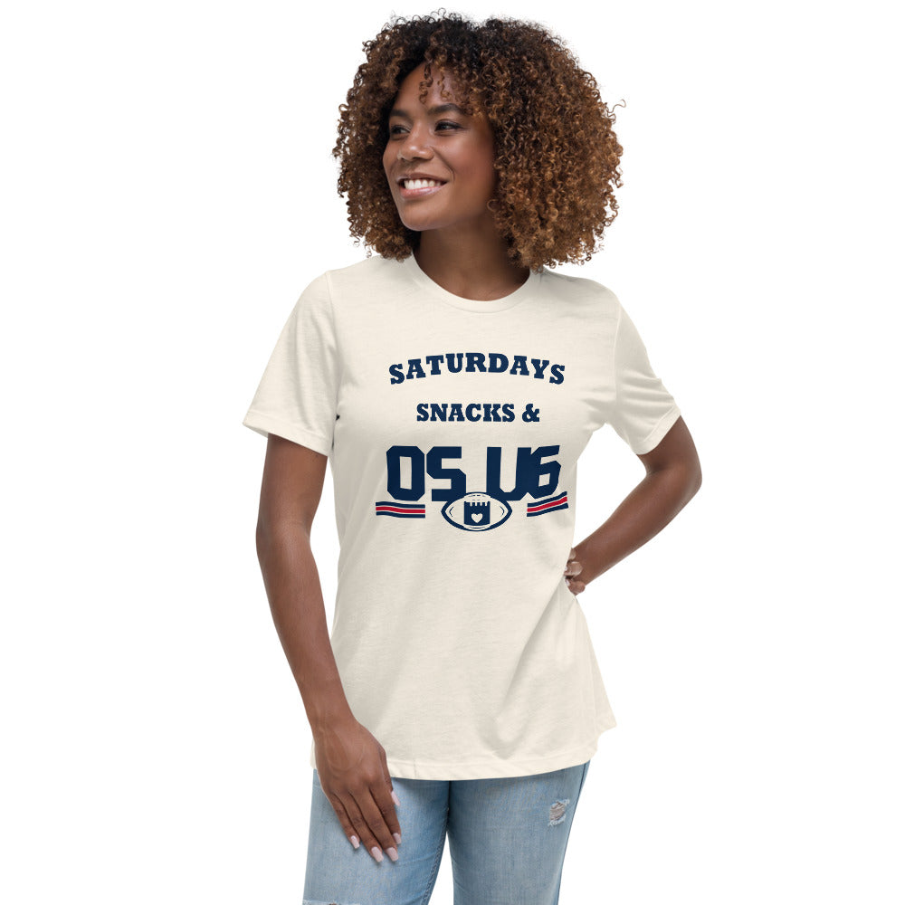 Saturdays Snacks & OS U6 Tee — Printful model view — corrected artwork