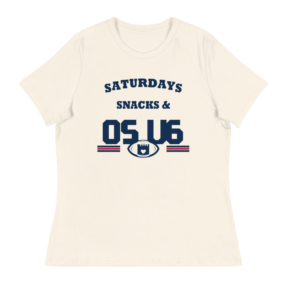 Saturdays Snacks & OS U6 Tee — Printful garment view — corrected artwork