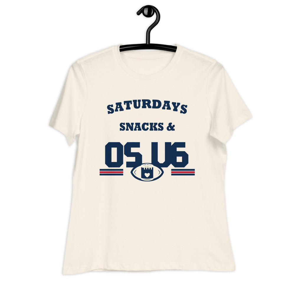Saturdays Snacks & OS U6 Tee — Printful garment view — corrected artwork