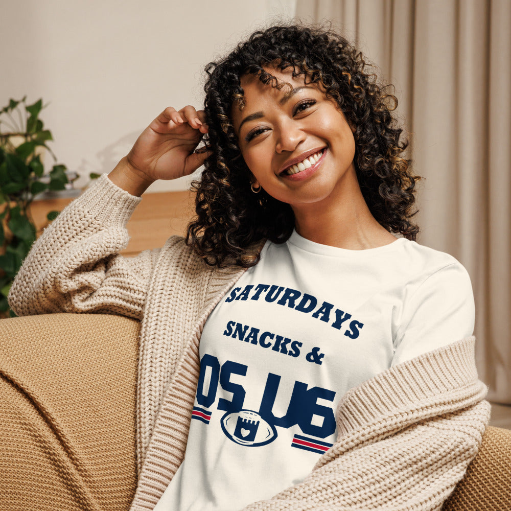 Saturdays Snacks & OS U6 Tee — Printful model view — corrected artwork