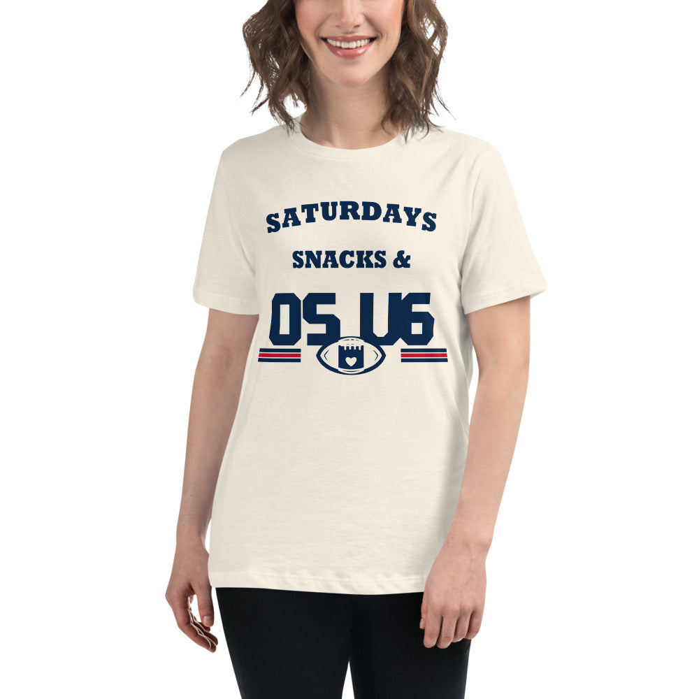 Saturdays Snacks & OS U6 Tee — Printful model view — corrected artwork