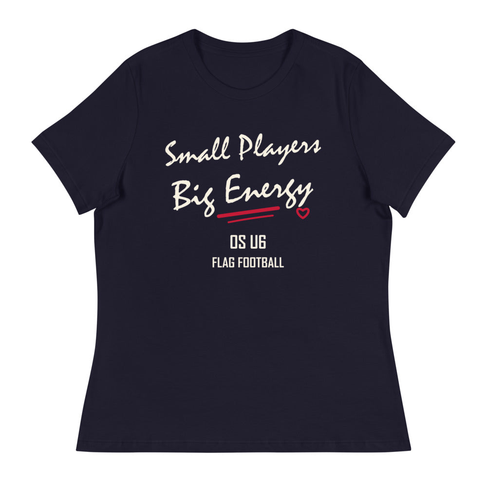 OS U6 Small Players Big Energy Tee — Printful garment view — corrected artwork