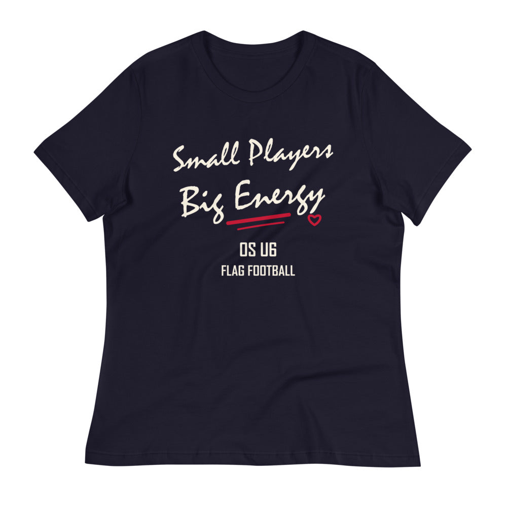 OS U6 Small Players Big Energy Tee — Printful garment view — corrected artwork