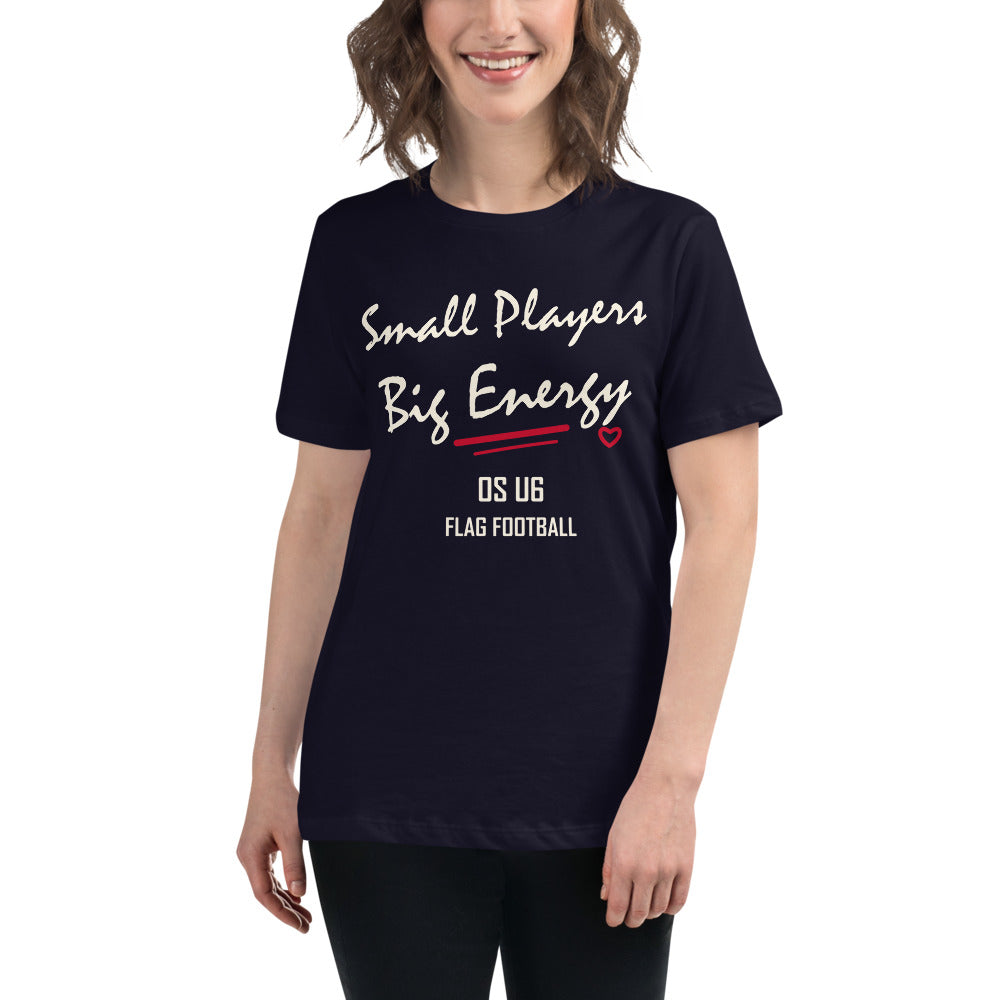OS U6 Small Players Big Energy Tee — Printful model view — corrected artwork