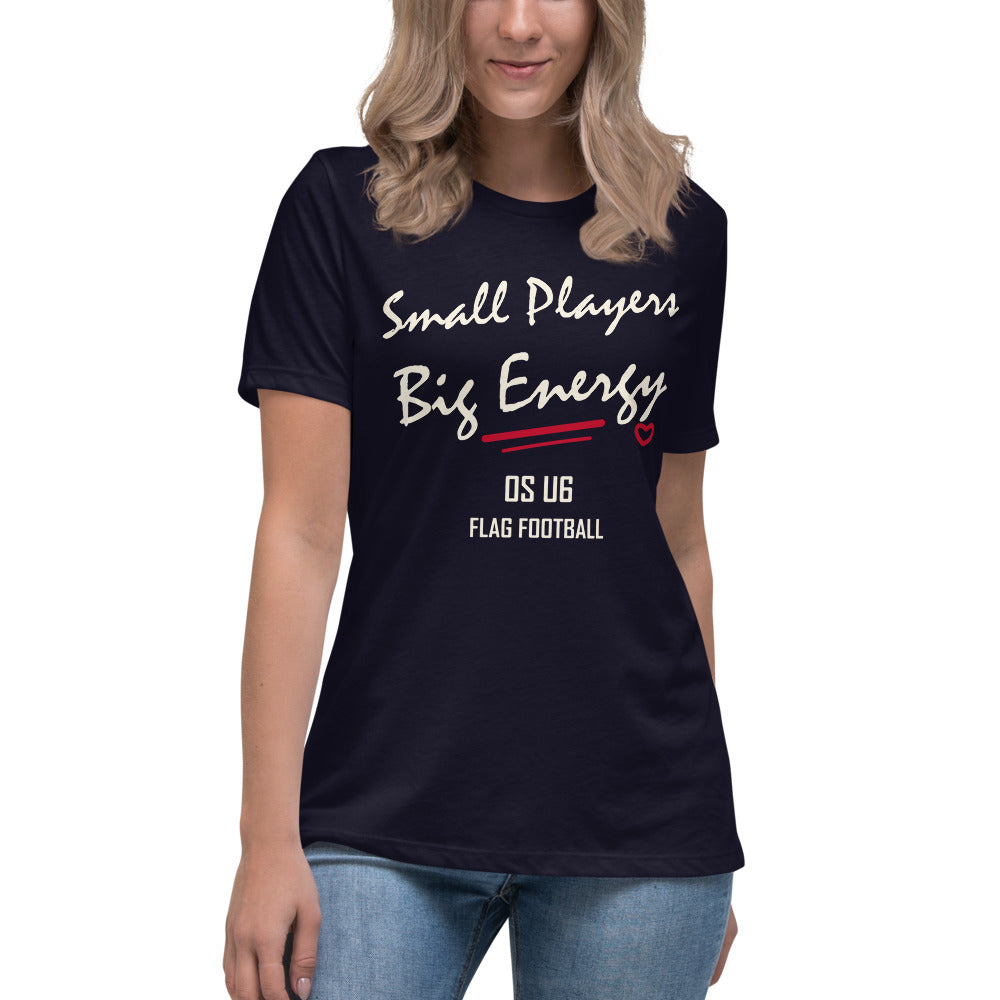 OS U6 Small Players Big Energy Tee — Printful model view — corrected artwork