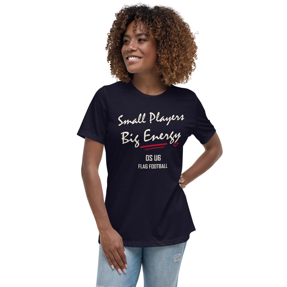 OS U6 Small Players Big Energy Tee — Printful model view — corrected artwork