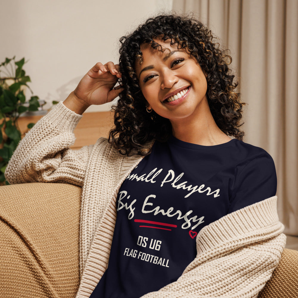 OS U6 Small Players Big Energy Tee — Printful model view — corrected artwork