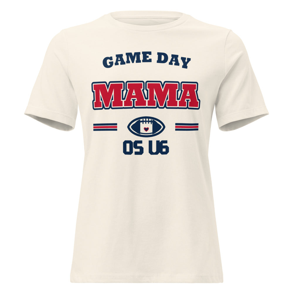 OS U6 Game Day Mama Varsity Tee — Printful garment view — corrected artwork