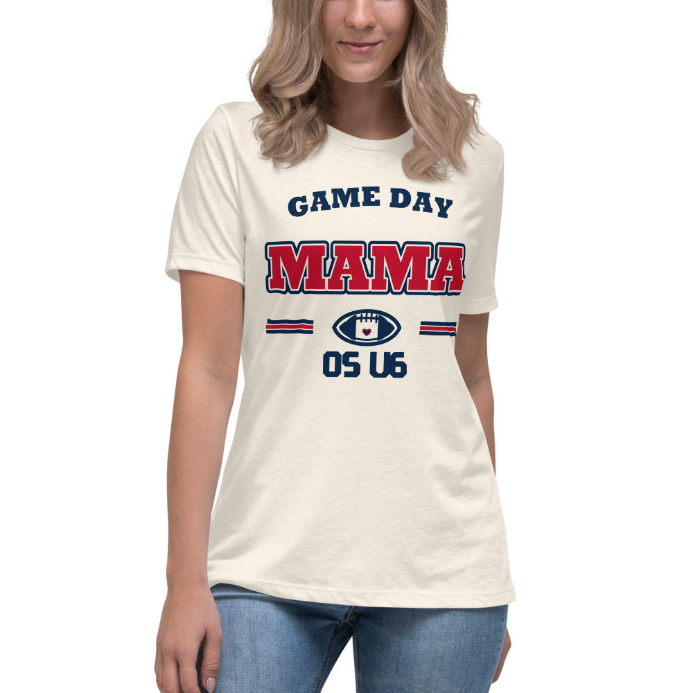 OS U6 Game Day Mama Varsity Tee — Printful model view — corrected artwork