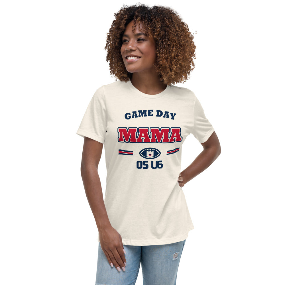 OS U6 Game Day Mama Varsity Tee — Printful model view — corrected artwork