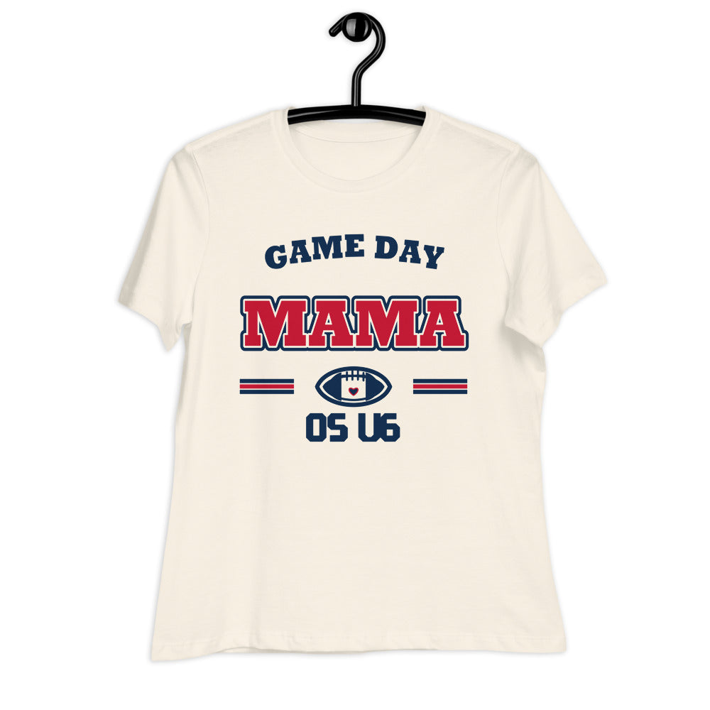 OS U6 Game Day Mama Varsity Tee — Printful garment view — corrected artwork