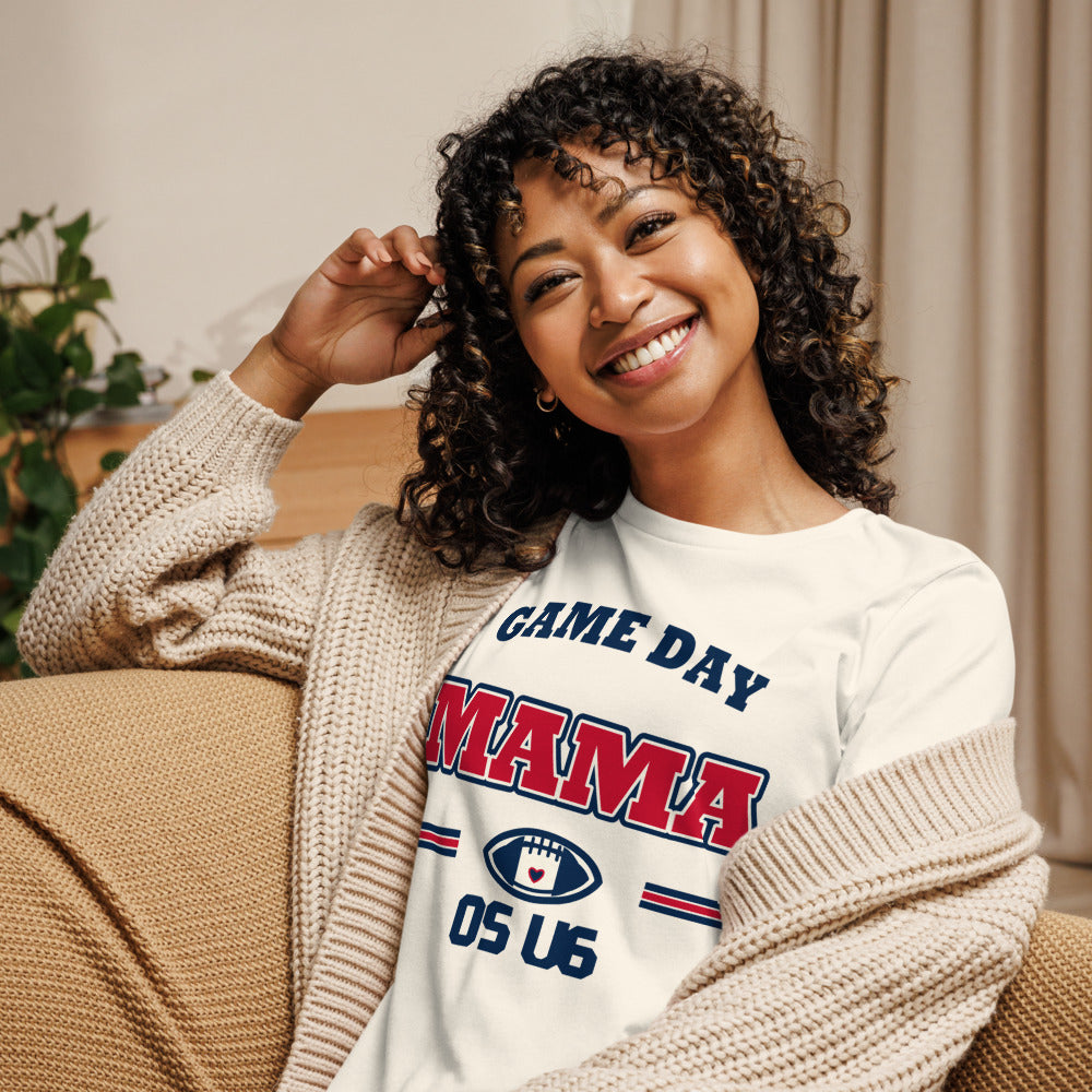 OS U6 Game Day Mama Varsity Tee — Printful model view — corrected artwork