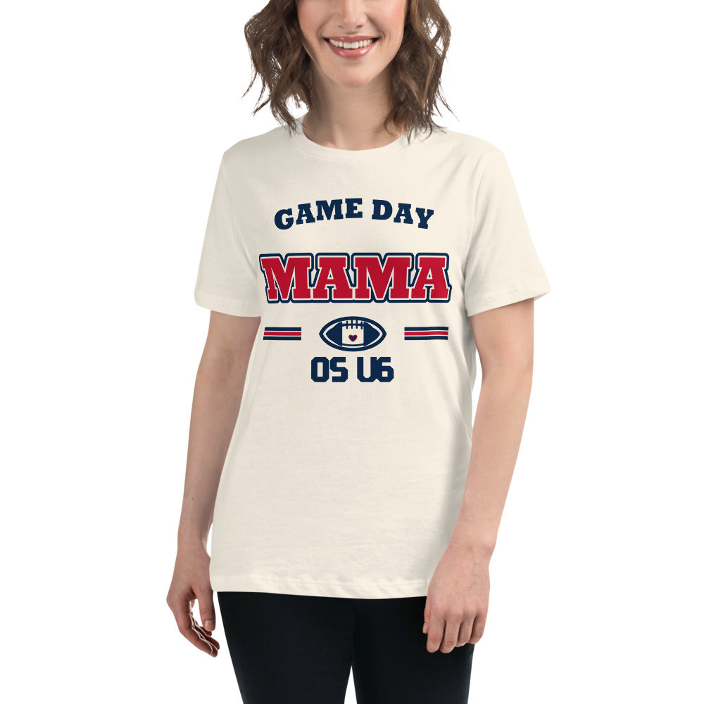 OS U6 Game Day Mama Varsity Tee — Printful model view — corrected artwork