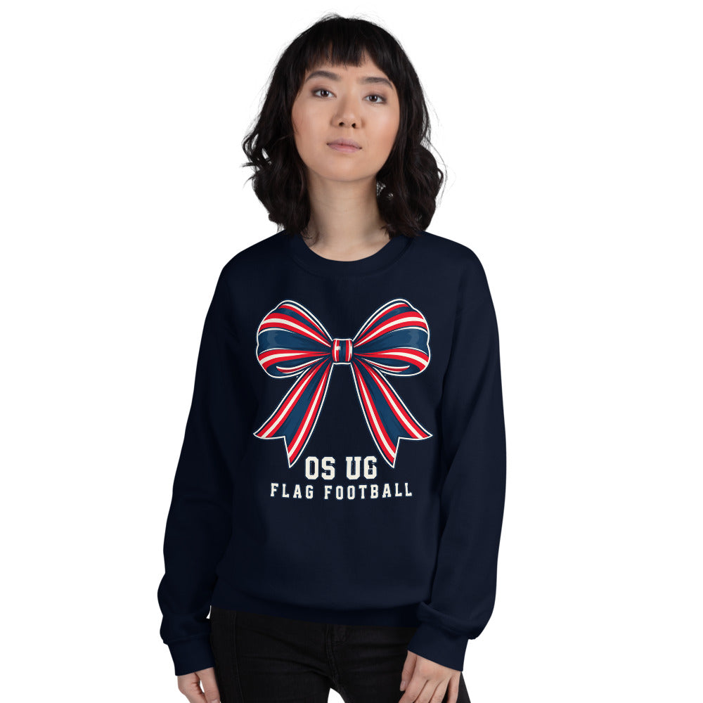 OS U6 Bow Crewneck — corrected Printful model view, navy