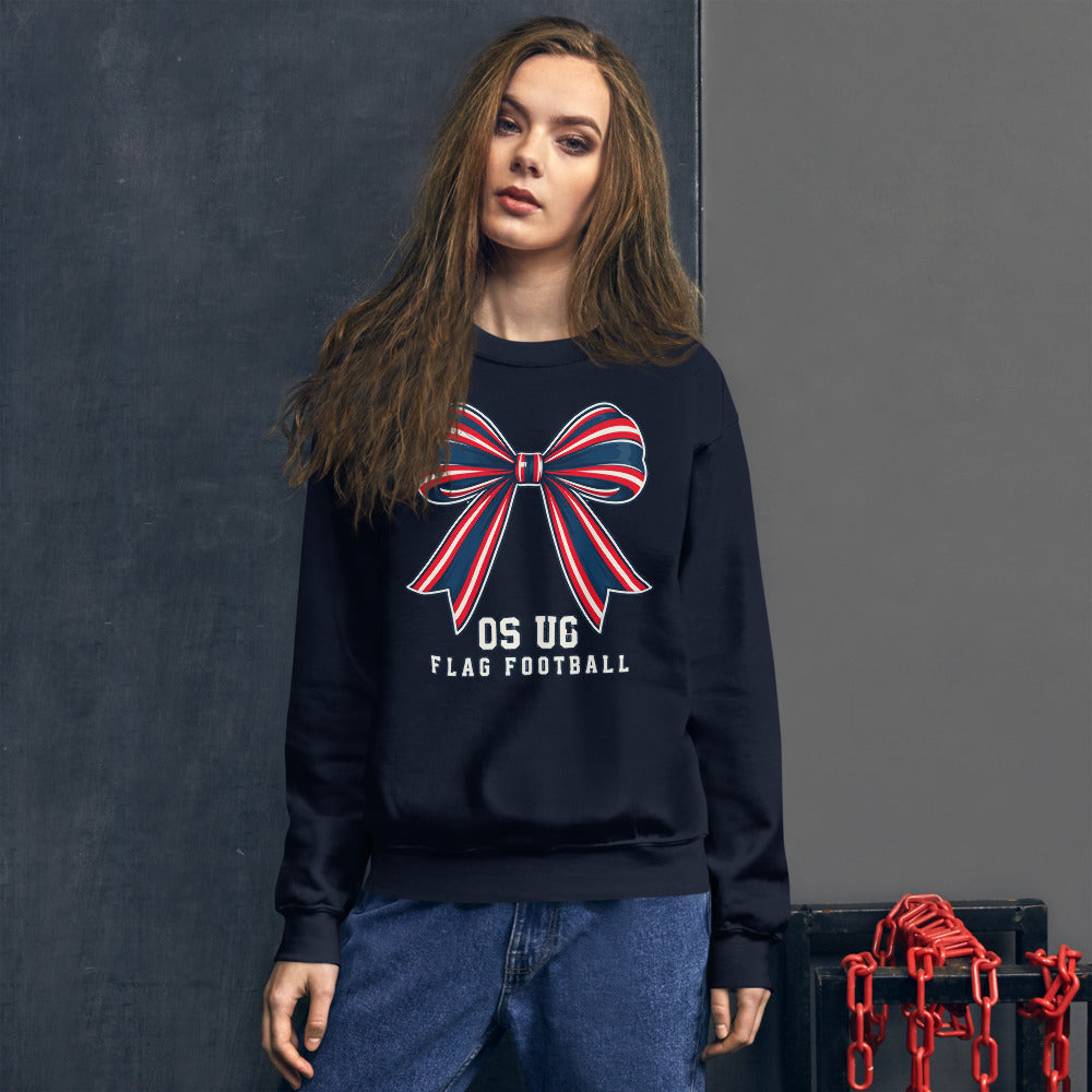 OS U6 Bow Crewneck — corrected Printful model view, navy