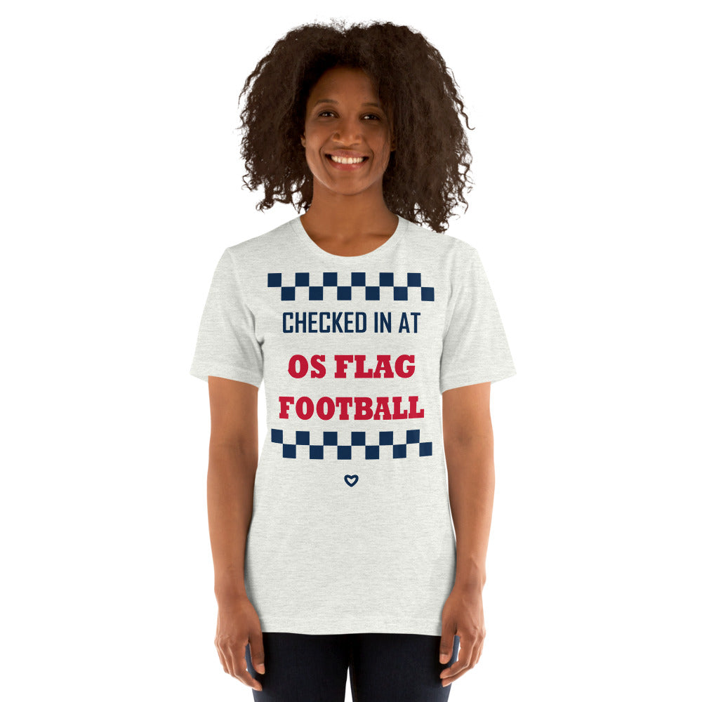 Checked In at OS Flag Football Tee — corrected Printful supplier womens_model_front_1 view