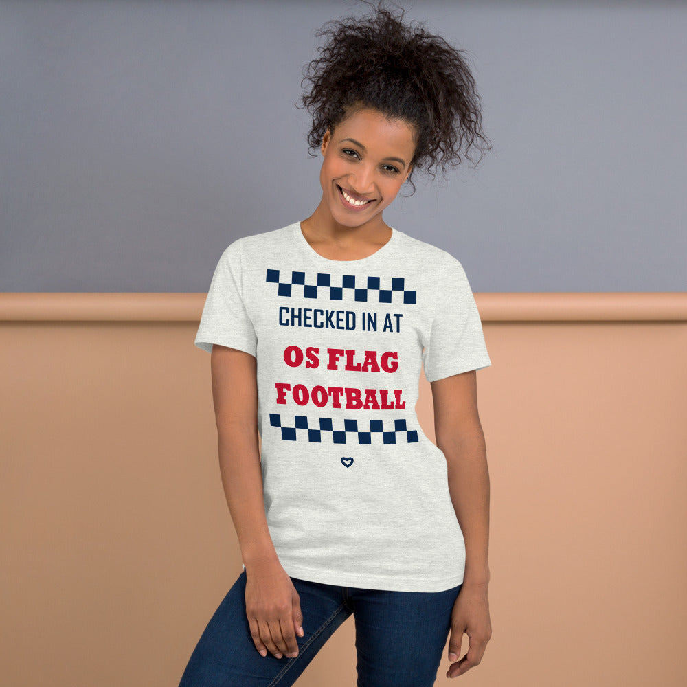 Checked In at OS Flag Football Tee — corrected Printful supplier womens_model_front_2 view