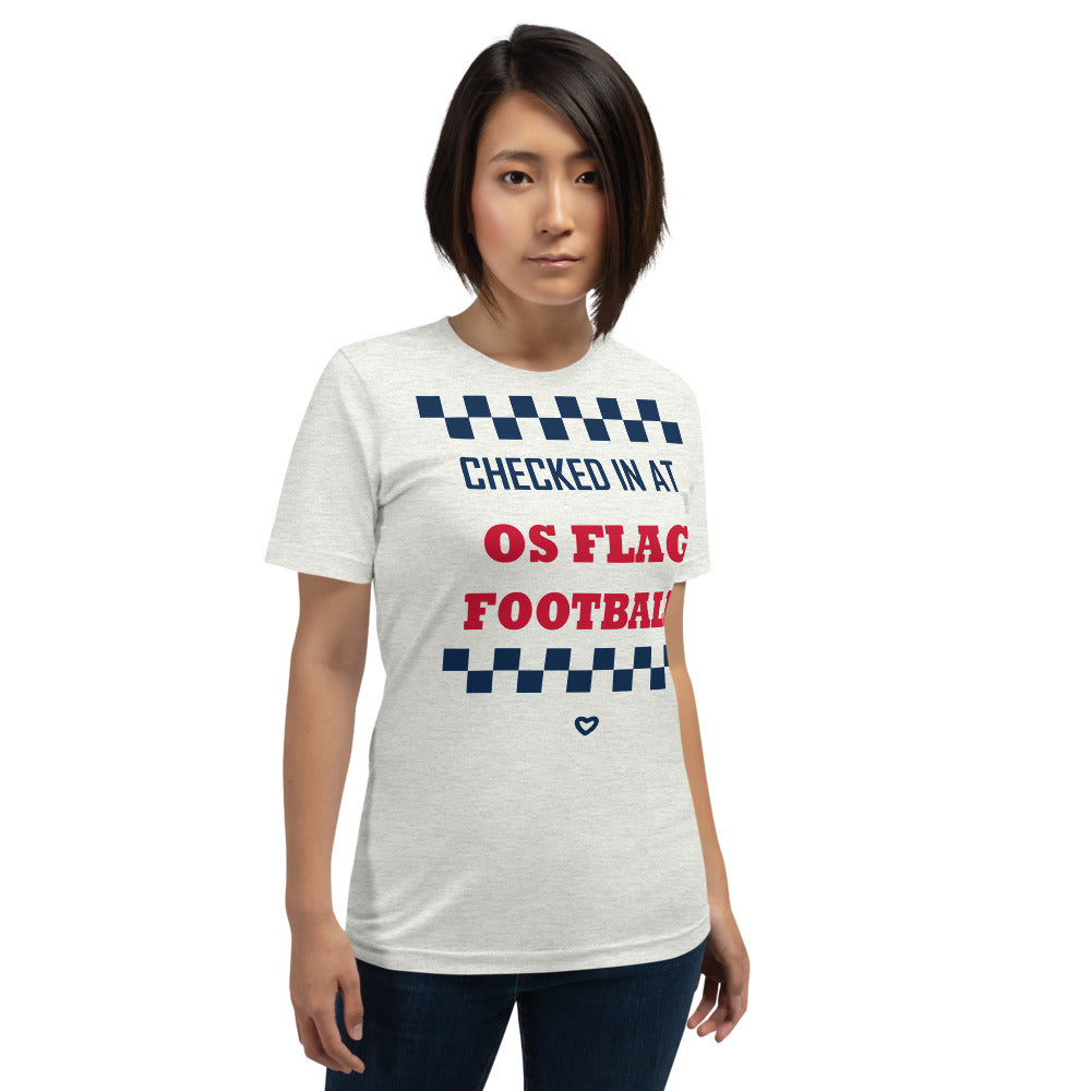 Checked In at OS Flag Football Tee — corrected Printful supplier womens_model_front_3 view