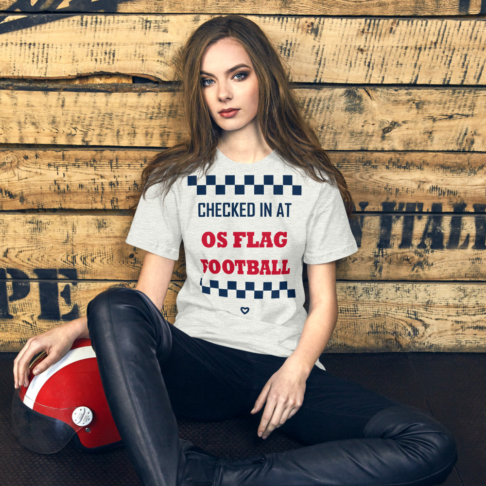 Checked In at OS Flag Football Tee — corrected Printful supplier womens_model_front_4 view