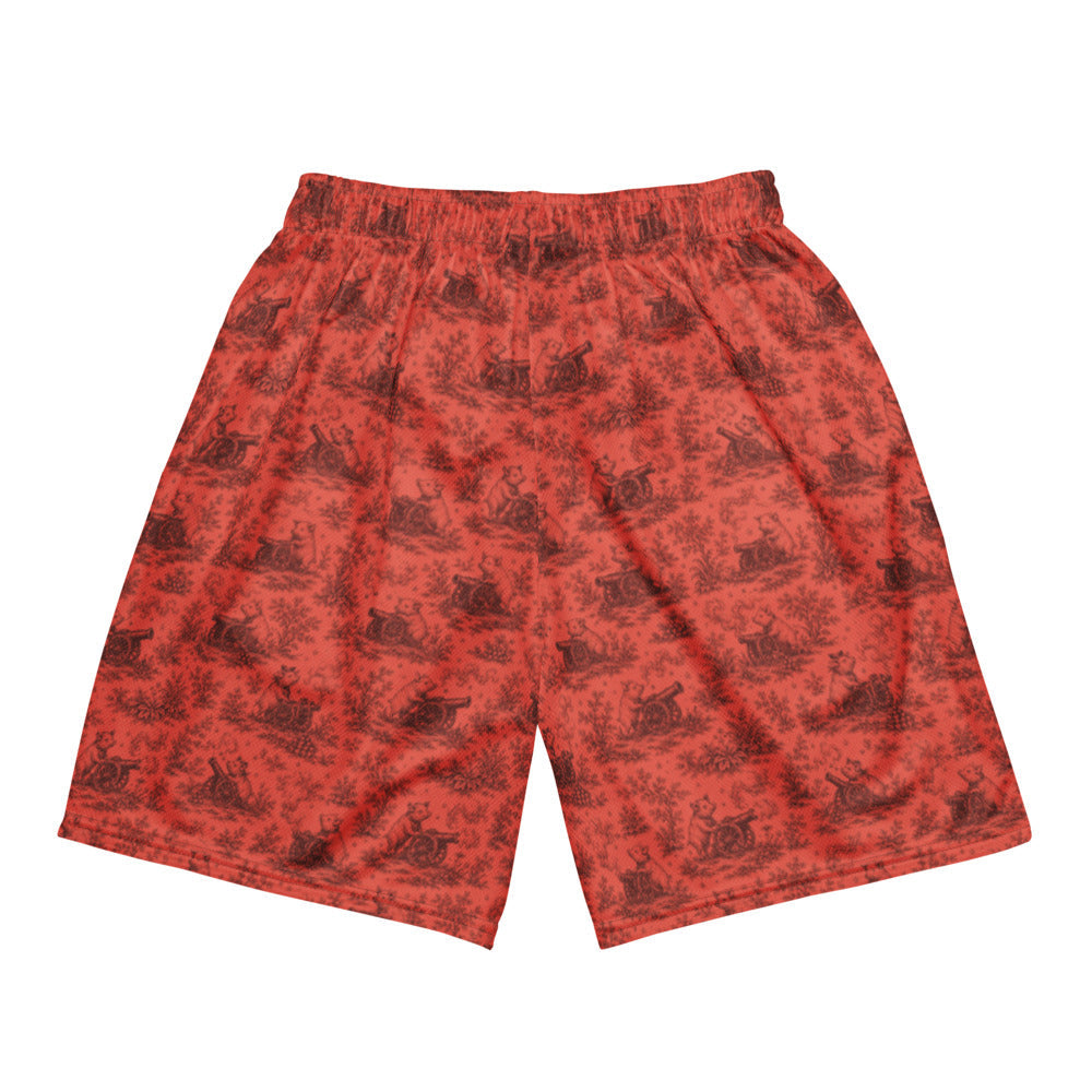 Pig Cabana Mesh Shorts in coral and oxblood, printed back view. Exact supplier digital mockup. Shorts only.
