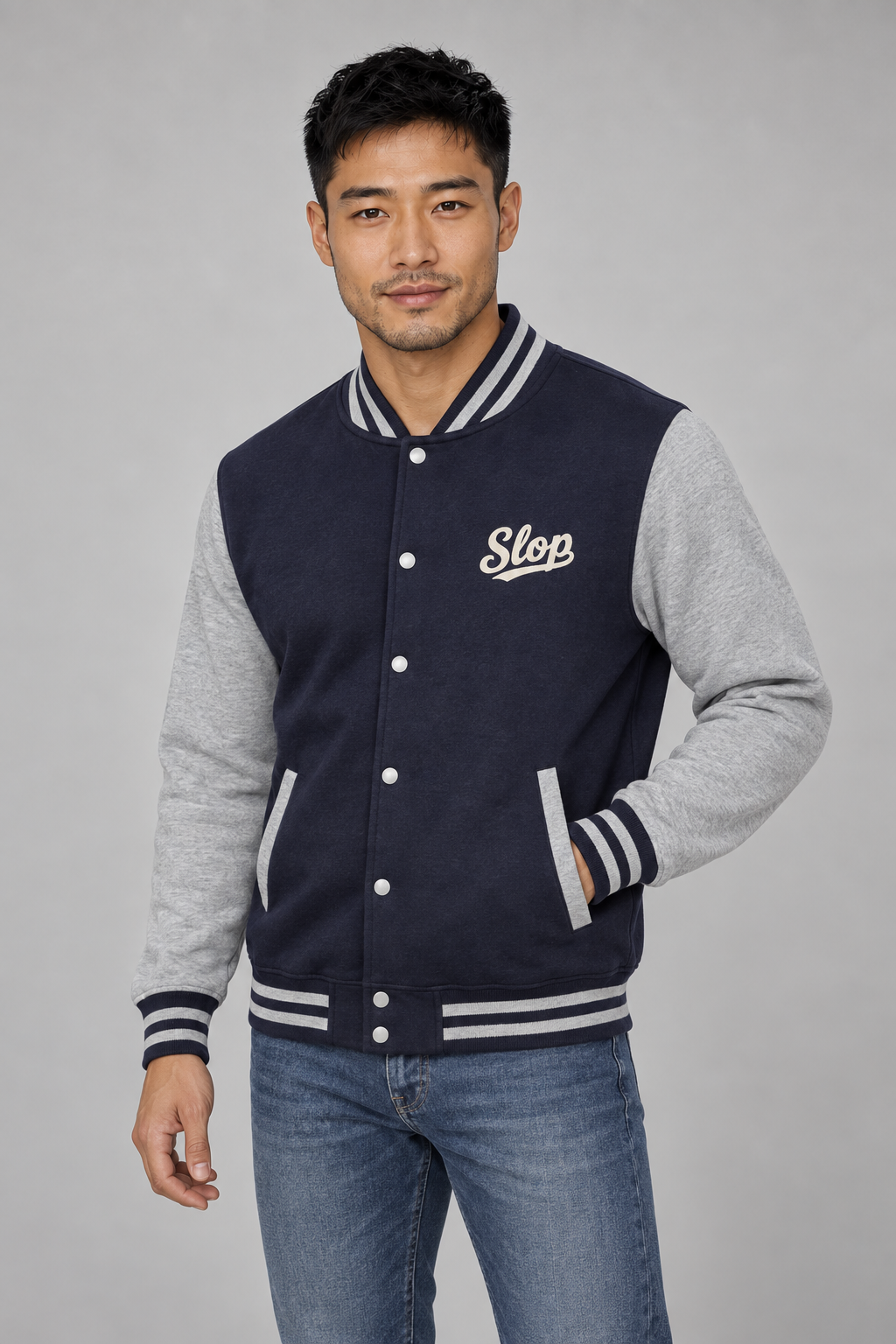 Man wearing the Ivory Script Varsity Jacket in Oxford Navy/Heather Grey