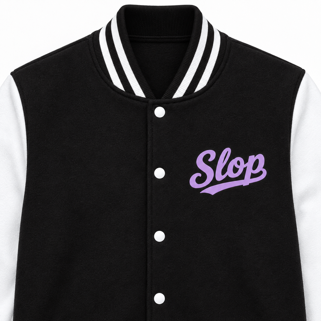 Close-up of the pale lilac Slop script on the left chest