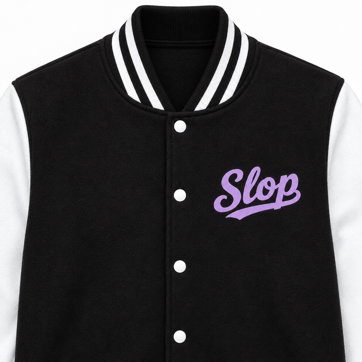 Close-up of the pale lilac Slop script on the left chest