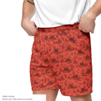 Pig Cabana Mesh Shorts — Coral / Oxblood — supplier Men's Left Front model view; mesh shorts only; Printful all-over-print recycled unisex mesh shorts; exact current supplier digital mockup with its full lower-leg canvas preserved; exact configured coral and oxblood all-over pattern; third-party styling excluded.