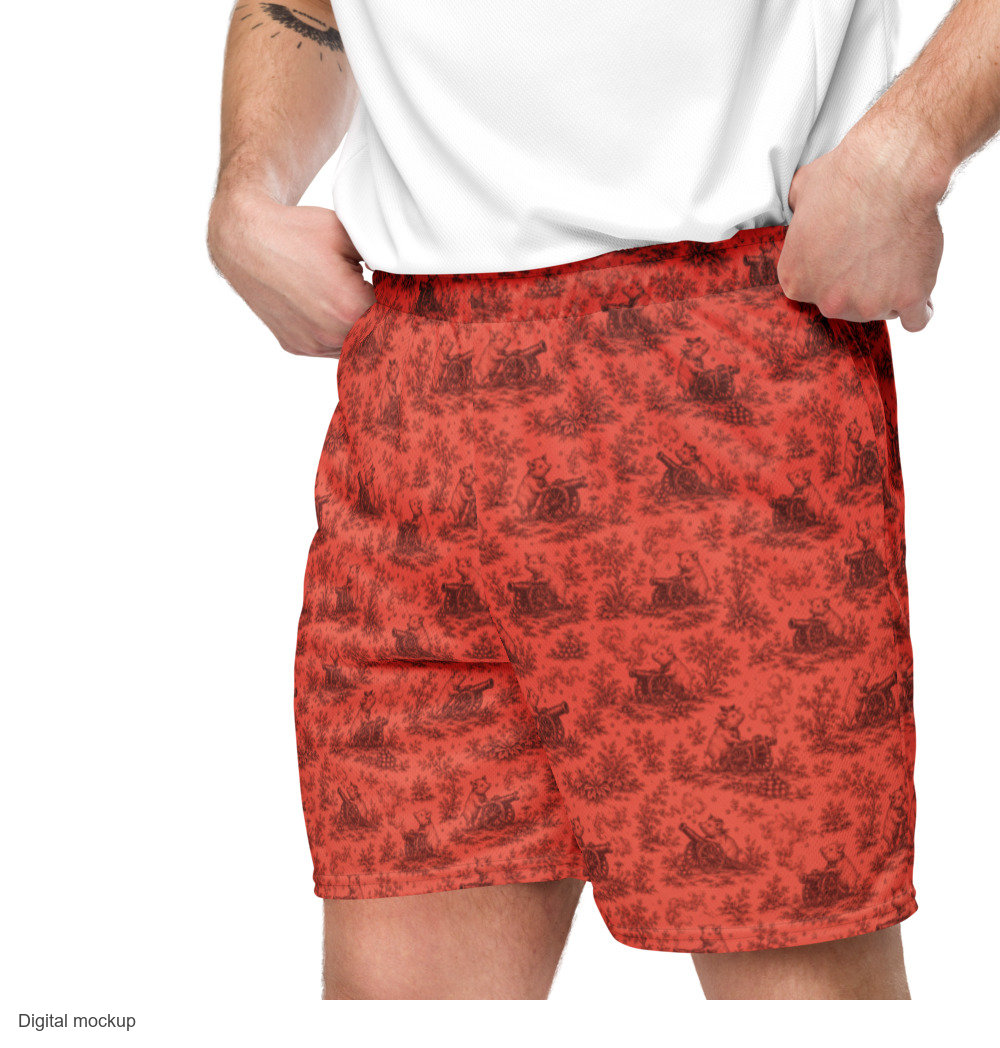 Pig Cabana Mesh Shorts — Coral / Oxblood — supplier Men's Left Front model view; mesh shorts only; Printful all-over-print recycled unisex mesh shorts; exact current supplier digital mockup with its full lower-leg canvas preserved; exact configured coral and oxblood all-over pattern; third-party styling excluded.