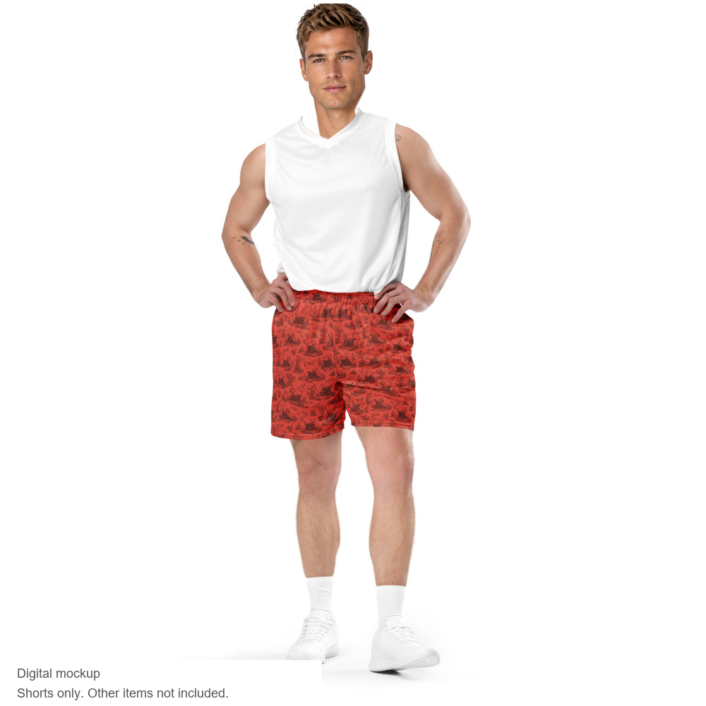 Digital mockup of Pig Cabana Mesh Shorts on an adult model.