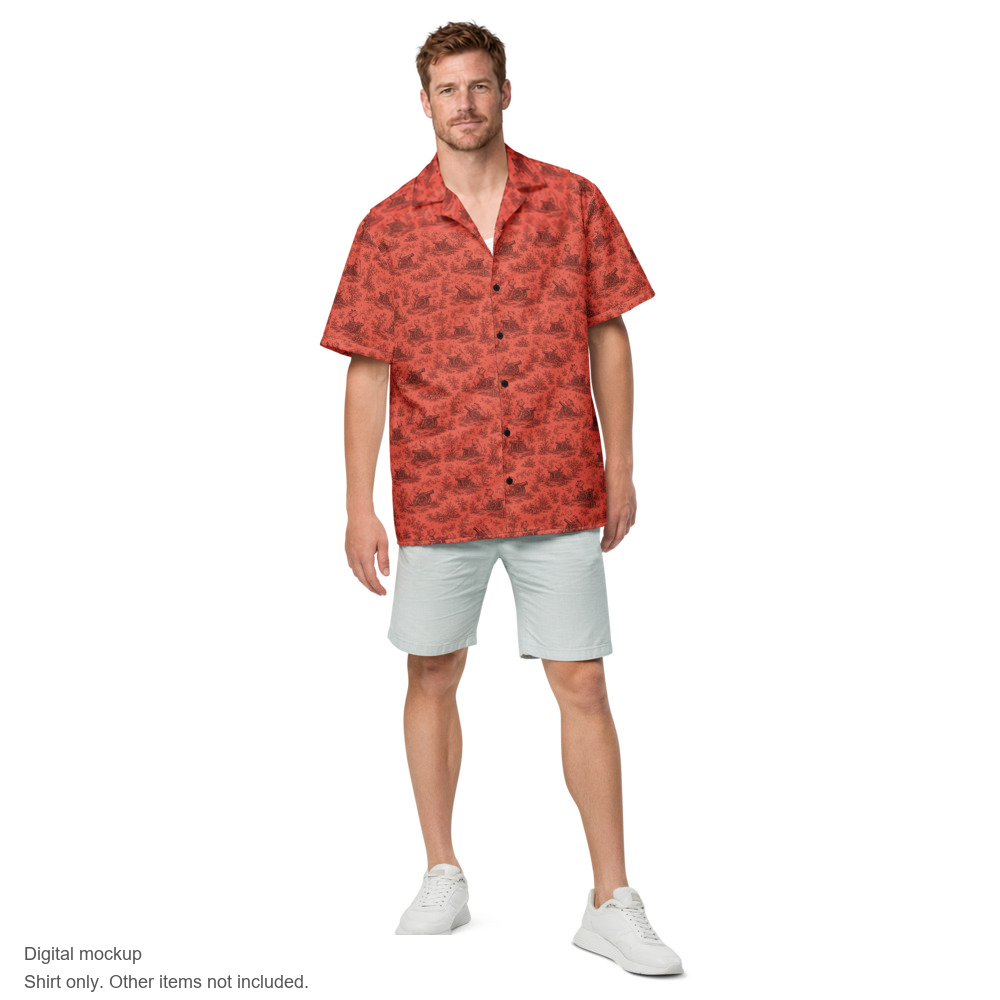 Pig Cabana Resort Shirt — Coral / Oxblood — adult male front model; exact configured shirt and all-over artwork; digital mockup.
