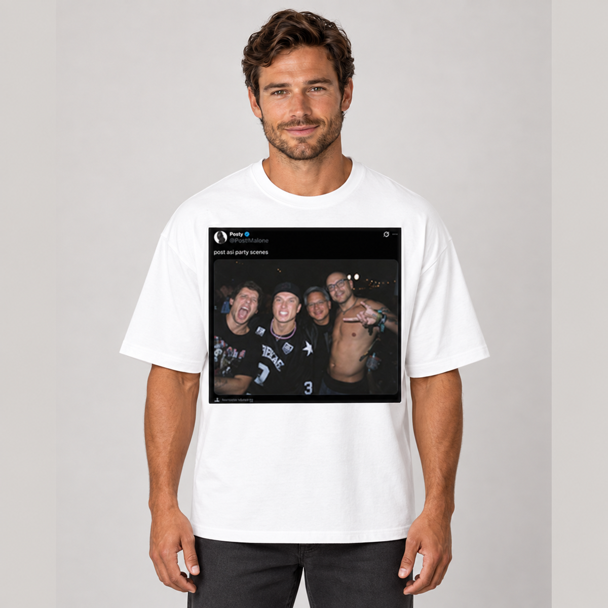 Post ASI Party Scenes Oversized Tee — White — adult male model front view; exact oversized tee and screenshot artwork; digital mockup.
