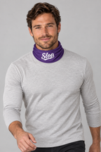 Slop Script Neck Gaiter in Purple, worn by a model