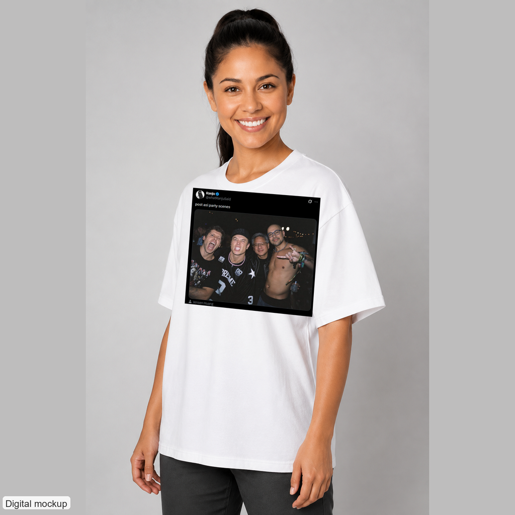 Post ASI Party Scenes oversized tee — White — Adult woman wearing the front screenshot print in a three-quarter view. Digital mockup; tee only.