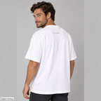 Post ASI Party Scenes Oversized Tee — White — Adult man wearing the back with the small SLOP CANNON upper-back wordmark in a three-quarter view. Digital mockup; tee only.