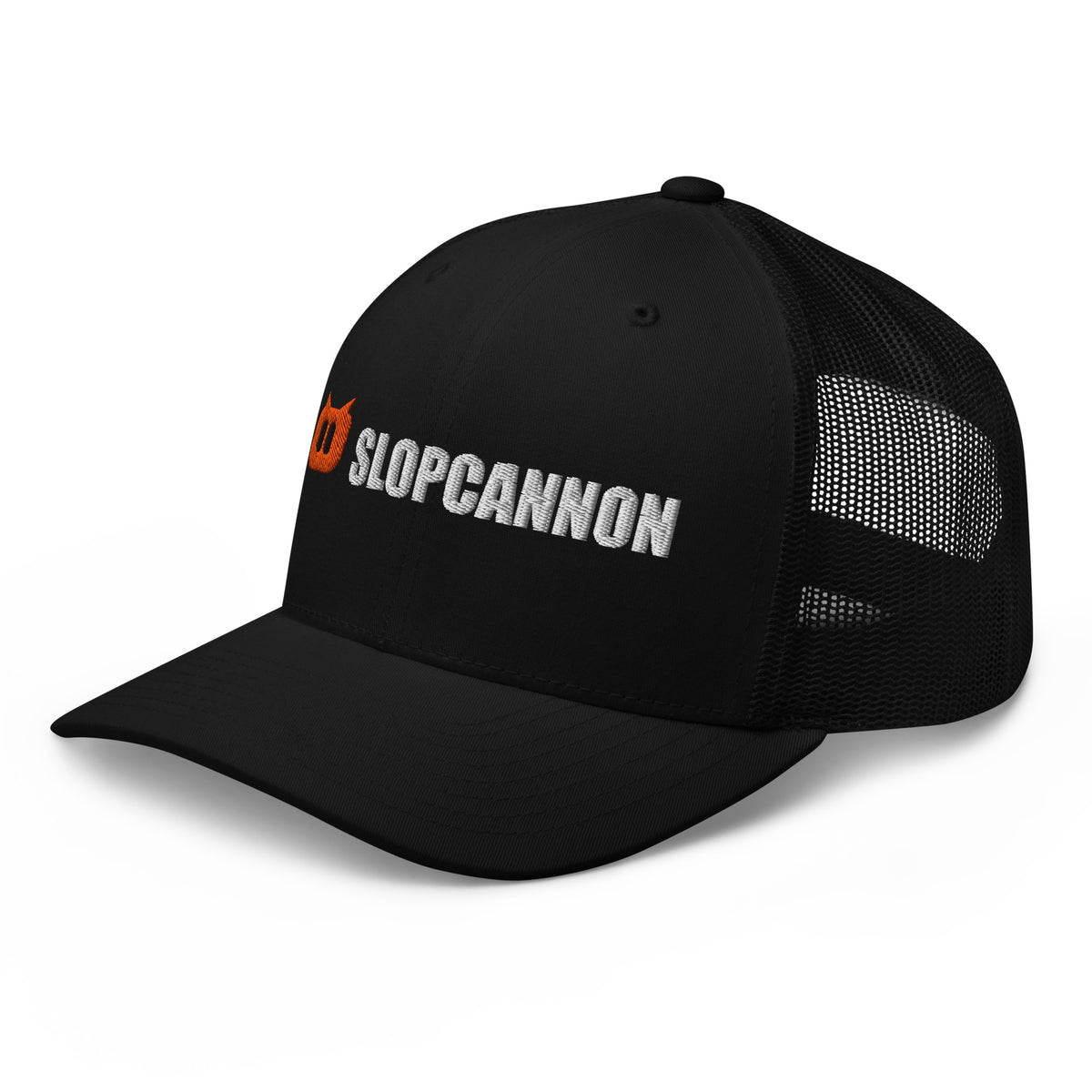 Black | SLOPCANNON Wordmark Mesh Trucker Hat | Left three-quarter product view