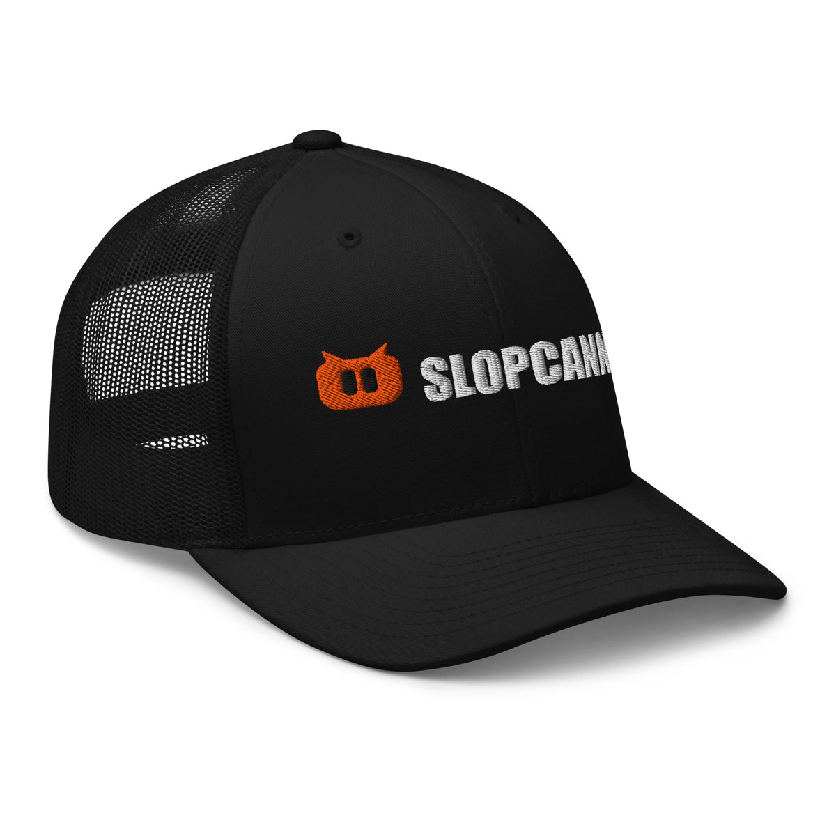 Black | SLOPCANNON Wordmark Mesh Trucker Hat | Right three-quarter product view