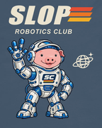 Close-up of the robot-pig and SLOP Robotics Club print on the Midnight tee