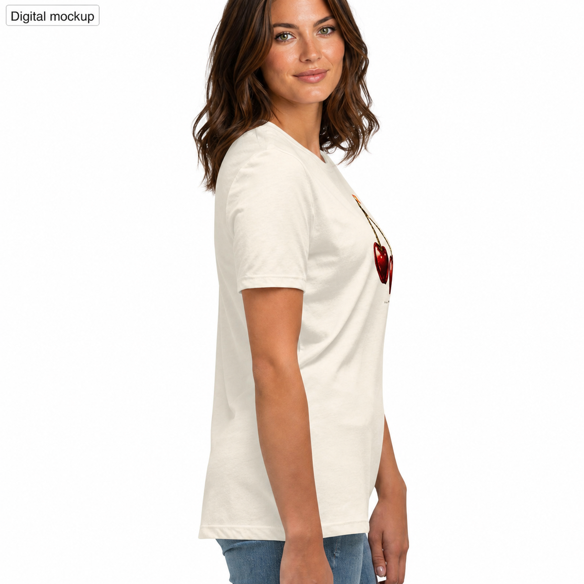 Cherry Fuse Women's Tee — Natural — adult female model view; exact Bella + Canvas 6400 garment and configured front artwork; local identity composite checked against supplier source; digital mockup; tee only.