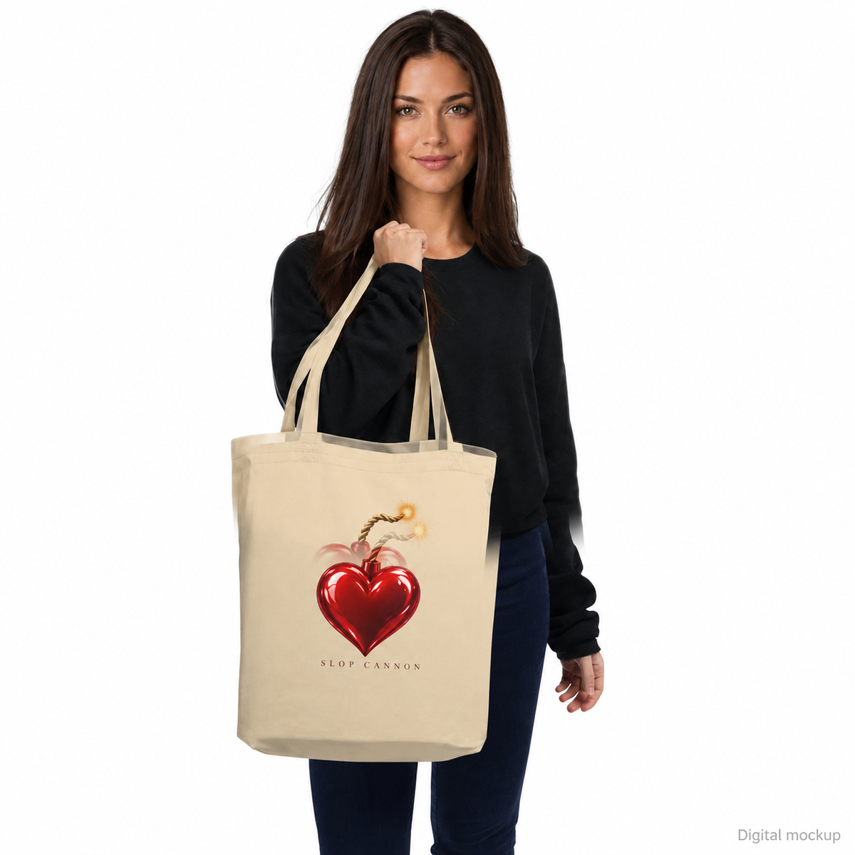 Slop Cannon Heart Fuse Tote Bag — Oyster — CW-F07 adult woman model view; exact configured tote, straps and artwork; digital model composite; accessory only, outfit excluded.