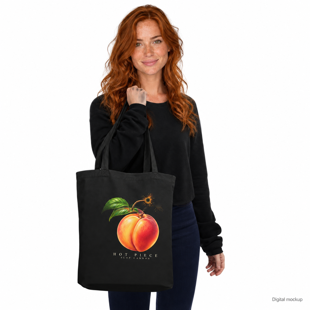 Slop Cannon Hot Piece Tote Bag — Black — CW-F03 adult woman model view; exact configured tote, straps and artwork; digital model composite; accessory only, outfit excluded.