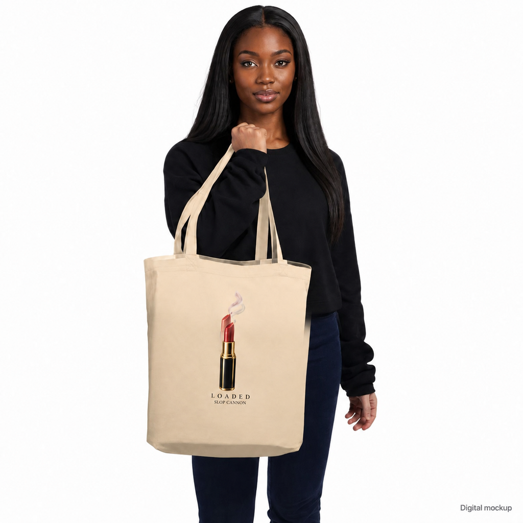 Slop Cannon Loaded Tote Bag — Oyster — AA-F02 adult woman model view; exact configured tote, straps and artwork; digital model composite; accessory only, outfit excluded.