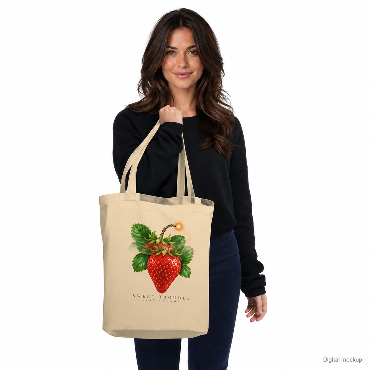 Slop Cannon Sweet Trouble Tote Bag — Oyster — CW-F09 adult woman model view; exact configured tote, straps and artwork; digital model composite; accessory only, outfit excluded.