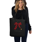 Slop Cannon Short Fuse Tote Bag — Black — CW-F10 adult woman model view; exact configured tote, straps and artwork; digital model composite; accessory only, outfit excluded.