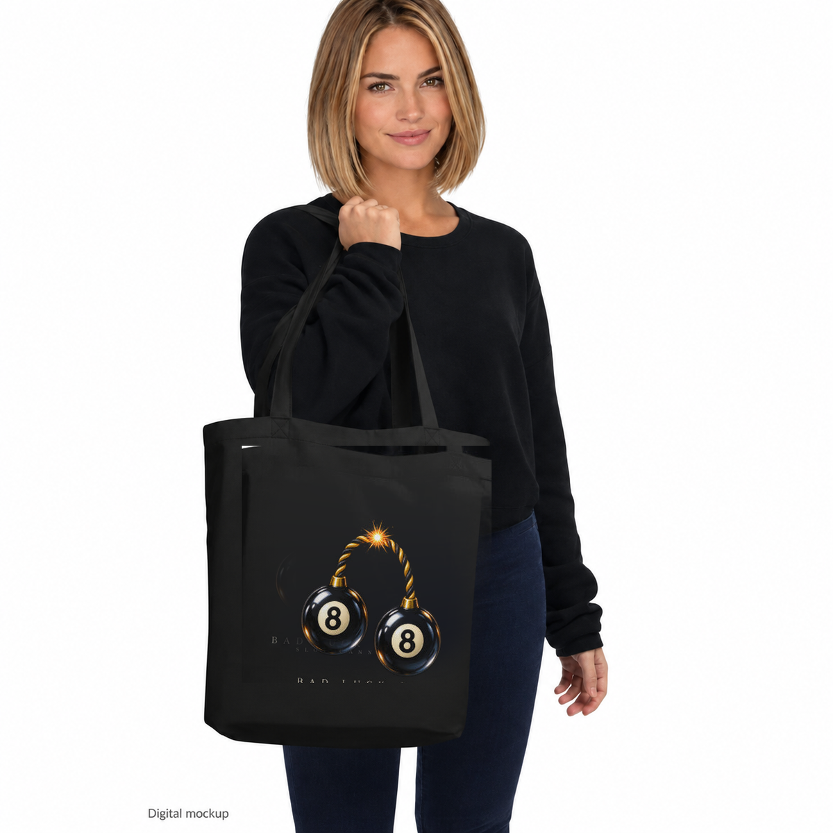 Slop Cannon Bad Luck Club Tote Bag — Black — CW-F04 adult woman model view; exact configured tote, straps and artwork; digital model composite; accessory only, outfit excluded.